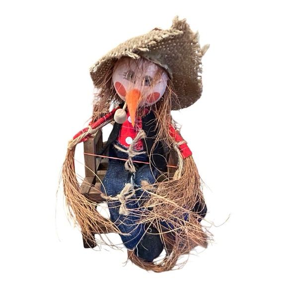 Halloween Fall Scarecrow sitting on chair corncob pipe Holiday Decoration VTG - Picture 1 of 9